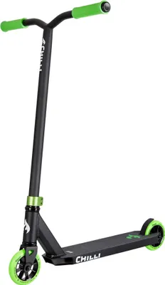 A black and green stunt scooter is shown against a white background.