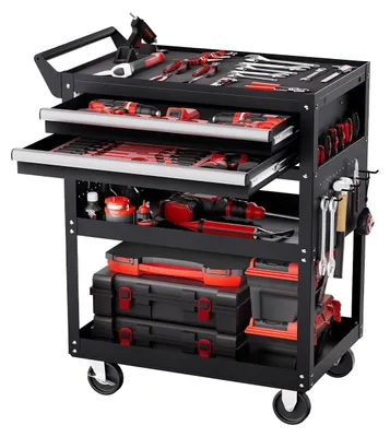Produktbild von VEVOR 5-stufiger Werkzeugwagen mit Rädern, 181 kg Tragfähigkeit, rollender Arbeitswagen mit 2 Schubladen & Lochplatte, Mechaniker-Werkzeuglager-Organizer mit Verriegelungssystem für Garage, Lagerhaus und Werkstatt, Schwarz, 5 Schichten