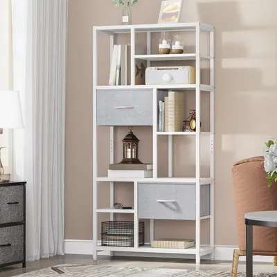 Produktbild von Bücherregal mit 7 Regalen und 2 Schubladen, Standregal, industriell, Stahl, Weiß, 73x30x151 cm