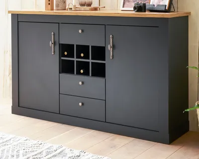 Produktbild von Sideboard "Ribera" in grau Wotan Eiche Landhaus Kommode mit Flaschenregal, Soft-Close 169x104