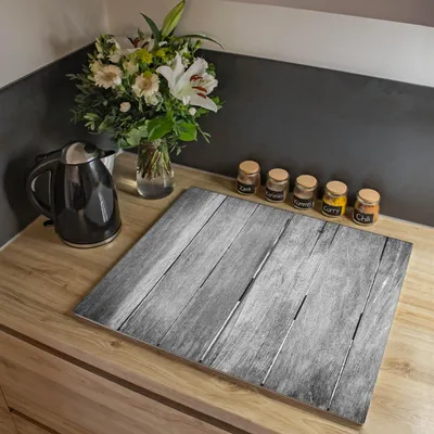 Produktbild von banjado Herdabdeckplatte zweiteilig je 30x52cm groß mit Gummi Abstandshalter, ESG Sicherheitsglas mit Motiv Holz Monochrom [HAP2 12211]