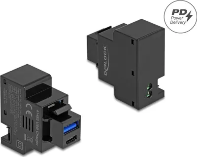 Produktbild von Delock Keystone Modul mit USB Typ-A und USB Type-C Ladebuchse PD 20 W schwarz
