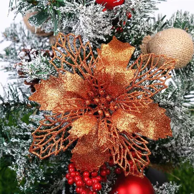 Produktbild von 12 Stück Glitzer Weihnachtsbaum Dekoration, Weihnachtsbaumschmuck Ornament aus Kunststoff, Weihnachten Blumen Dekor, Christbaumanhänger, 9cm, Bronze, Kunststoff