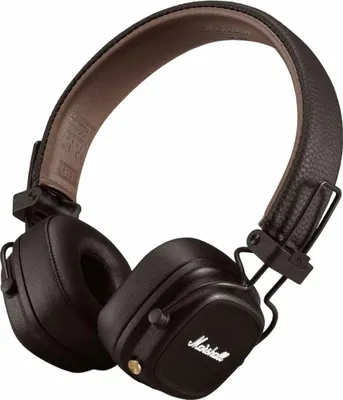 A pair of black Marshall Major IV on-ear Bluetooth headphones with a brown headband, shown from a diagonal angle against a white background.