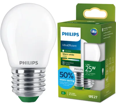 Produktbild von Philips Filament-Lampe, Tropfenform, matt, 25 W P45 E27, 1,2 W, 25 W, E27, 252 lm, 50000 h