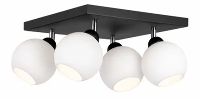 Productafbeelding van Moderne plafondlamp met 4 lampen, zwart, met witte glazen kapjes – Verstelbare E27 plafondlamp van metaal en glas (N-KDE-AG4), AI-gegenereerde afbeelding