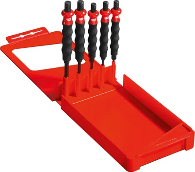 A set of five punch drivers in a red plastic case.