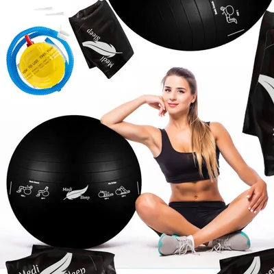 Produktbild von Gymnastikball 65 cm mit Luftpumpe - Sitzball, Trainingsball, Yogaball, Pilatesball - Fitnessball für Core Training mit gezeichneten Übungen - Schwarz