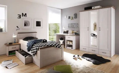 Produktbild von Jugendzimmer Set 4-tlg. LUND-78, Landhaus Stil, Pinie weiß Nb./Trüffel Eiche Nb.