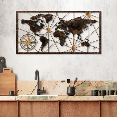 Obrázek produktu pro Wallity, Velká mapa světa - 1, Dekorace na zeď, Pestrobarevná, Kov, 120 x 60 cm