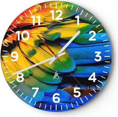 Produktbild von Wanduhr - Rund - Glasuhr - Feder Papagei Vogel - 30x30cm - Schleichendes Uhrwerk - Lautlos - zum Aufhängen bereit - Dekoration Modern - Wanddekoration aus Glas - C4AR30x30-3428