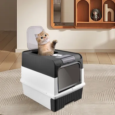 Produktbild von Katzentoilette mit ausziehbarer Schale Doppeltürige Katzenklo mit Schaufel Desodorierungsgerät 49×37×35cm Schwarz