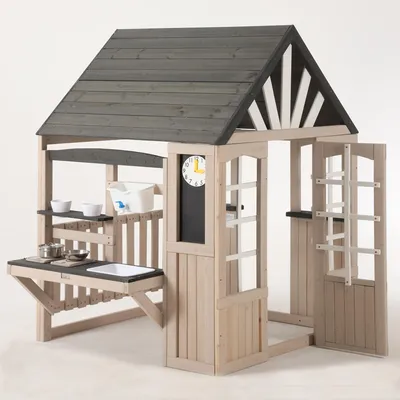 Produktbild von okwish Garten-Spielhaus Outdoor-Kinderküche mit Wasserhahn und Ablageregal Outdoor-Kinderspielzeug Kinderküchen-Spielhaus Grau+Beige