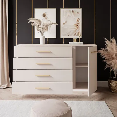 Produktbild von Kommode LINA KASCHMIR II 1D4S mit LED Beleuchtung Gold Matt Griffe