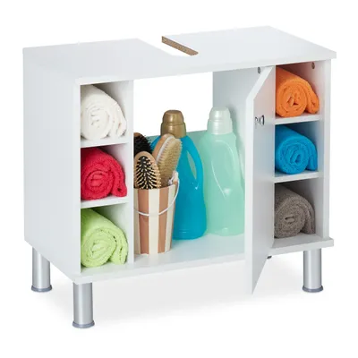 Produktbild von Relaxdays Waschbeckenunterschrank, eintürig, 7 Fächer, Siphon-Ausschnitt, MDF Badezimmerschrank, HBT 53,5x60x32 cm, weiß