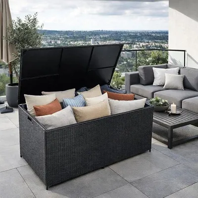 Produktbild von Polyrattan Auflagenbox XXL Kissenbox 870 Liter Gartenbox Gartentruhe Aufbewahrungsbox (Schwarz)