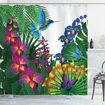Obrázok produktu pre ABAKUHAUS Sprchový záves Orchidee, živá farebná kompozícia tropického pralesa s vtákmi, motýľmi a kvetmi, 175 x 200 cm, viacfarebný