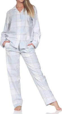 Produktbild von Normann Damen Flanell Schlafanzug lang Pyjama mit Knopfleiste und Hemdkragen ; hellblau , 40