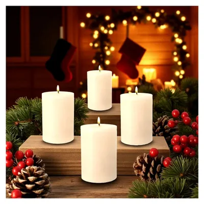 Produktbild von Echtwachs Stumpenkerzen 10 x 7 cm creme - 4er Set - Unparfümierte Adventskerzen mit ca. 30 Stunden Brenndauer - Tischkerzen für Weihnachtsdekoration