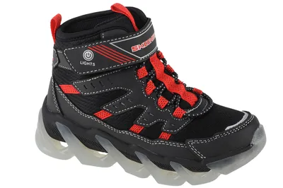 A single black and red Skechers boot for children, shown from a side-diagonal angle against a white background.