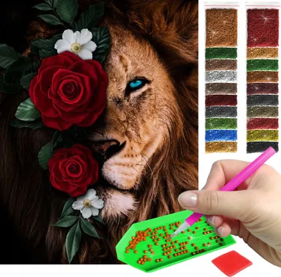 Zdjęcie produktu dla Haft diamentowy ARTULIO - Lew z czerwonymi różami - 40 x 30 cm - Kwadratowe diamenty - Diamond painting, Kompletny zestaw: mozaika + akcesoria
