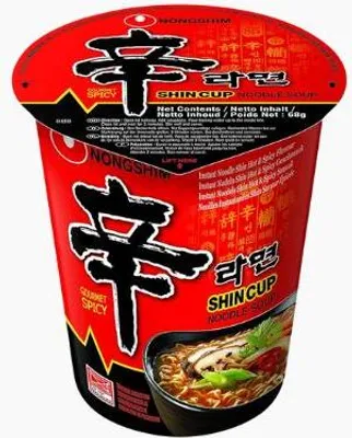 A product shot of a cup of instant noodles.