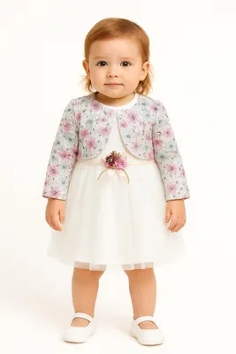 Produktbild von Taufkleid Baby Mädchen 2-teilig, Festliches Kleid mit Jäckchen, Blumen-Applikation & Tüllrock, Für Taufe, Hochzeit & Feier, Weiß mit Rosafarbe, Gr: 86