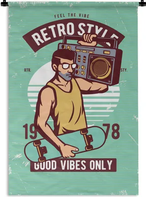 Produktbild von MuchoWow® Wandteppich Wandbehang Radio - Skateboard - Mann - Retro 90x135 cm Tapisserie Dekoration Wandtuch - Baumwolle - Wandskulptur