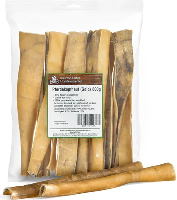 Produktbild von Kaureks Natur Pferdekopfhaut Stangen 800g (Gold) ca. 25-30 cm natürliche Zahnpflege für Hunde, wie Pferdeknochen