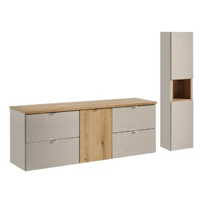 Produktbild von Badmöbel-Set 160 cm mit Arbeitsplatte, Hochschrank & 2 unterschränke 2 Schubladen, Viva Cashmere V BM272 - Kaschmir Matt/ Evoke Eiche