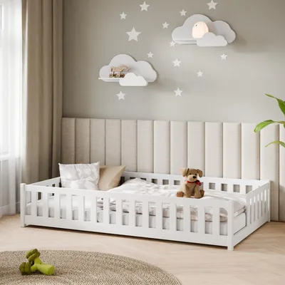 Produktbild von Kids Collective Kinderbett Bodenbett mit Rausfallschutz & Lattenrost Montessori Bett Bed Gitterbett Kinder Jugendbett Einzelbett | 120x200 cm | Weiß