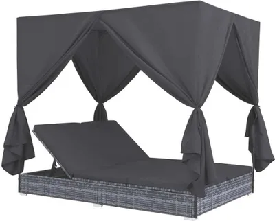 A dark gray outdoor lounge bed with a canopy and curtains, shown against a white background.