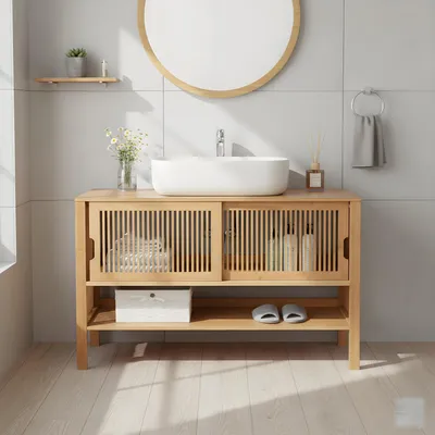 Produktbild von MinteLiv Waschbeckenunterschrank 100cm - Badezimmerschrank Bambus Schiebetüren