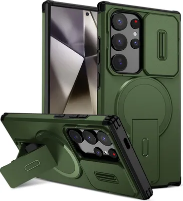 Produktbild von Magnetisch Hülle für Samsung Galaxy S24 Ultra, Dual Layer Stoßfest Handyhülle mit Dia Kameraschutz, Verstellbarem Ständer Grün