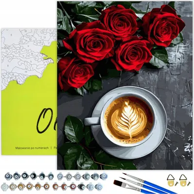Produktbild von Malen nach Zahlen Erwachsene Kaffee Rosen 50x40 - 31 Acrylfarben, Leinwand mit Holzrahmen, 3 Pinseln und Zubehör Oh Art!