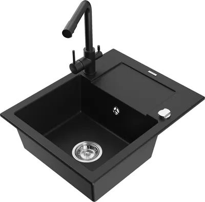 Produktbild von Mexen Enzo 1 Becken-Granitspüle mit Abtropffläche und Mischbatterie Duero, Schwarz - 6506-77-671600-70
