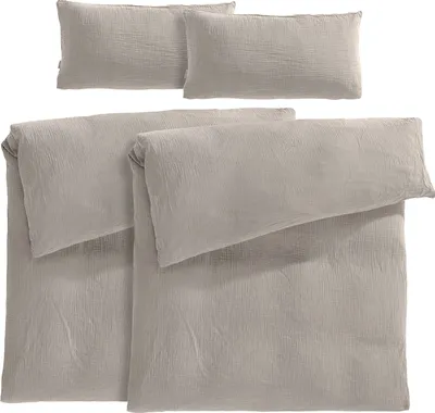 Produktbild von Pure Label Musselin Bettwäsche 135x200 4 teilig bestehend aus Bettbezug 135 x 200 cm 2er Set + Kissenbezug 40x80 cm 2er Set aus Baumwolle in Taupe