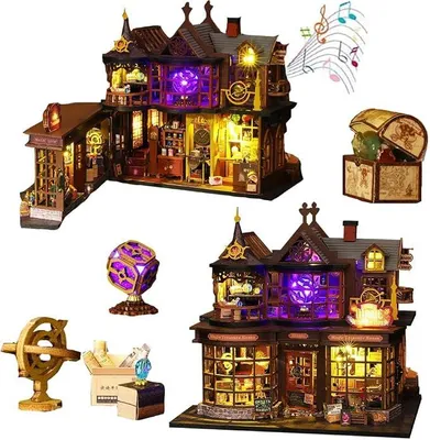 Imagen del producto de Kit de construcción de casas en miniatura, kit de manualidades para casas en miniatura con muebles, pequeño set de casas para adultos para construir, ideal para decoraciones de Navidad, Halloween, o como regalo para familiares o amigos