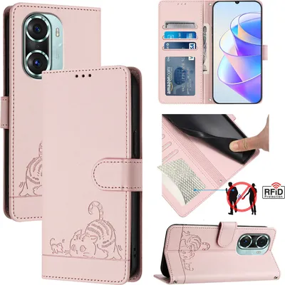 Produktbild von Leder Hülle für Honor 60 Pro Süße Katze Flip Case Brieftasche Schutzhülle mit Standfunktion Pink