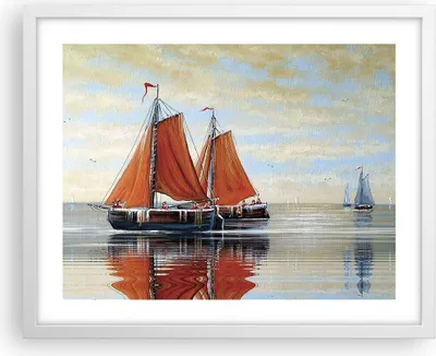 Produktbild von Gerahmtes Poster - Weißer Rahmen - Segelschiffe Öl Orange - 50x40 cm - Wand Bild - Wanddeko - Wandbilder - Kunstposter - Wandposter - Bilderrahmen - Bilder - Kunstdruck - P2WAA50x40-4404