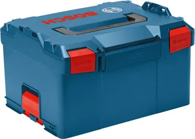 A blue Bosch L-Boxx professional tool case with red latches and handle.