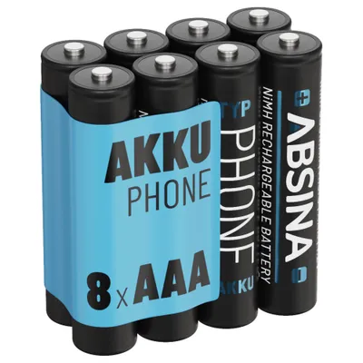Produktbild von ABSINA 8x Akku AAA für Telefon 800 mAh - NiMH AAA Akkus wiederaufladbar mit 1,2V - Telefonakkus Telefonbatterie
