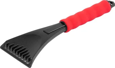 A black ice scraper with a red foam handle on a white background.