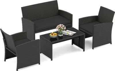 Immagine prodotto di Set di mobili da giardino in polyrattan COSTWAY, mobili da esterno, set composto da 2 sedie, panca, tavolo e cuscini, mobili da terrazza, set da giardino nero