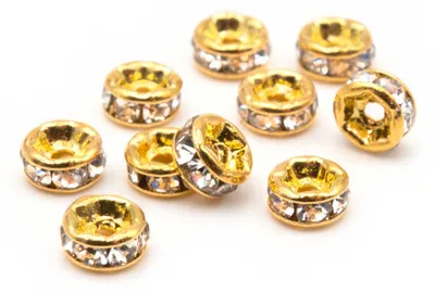 Produktbild von Vintageparts Zwischenperlen Messing goldfarben mit weißen Strasssteinen 4 mm rund für Armbänder, 10 Stück