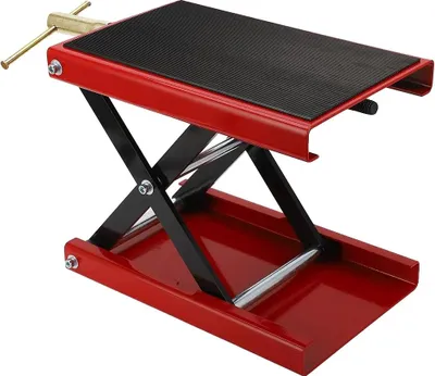 Produktbild von Motorradhebebühne, Tragfähigkeit 500 kg, Höhenverstellung von 9,4 cm bis 35 cm, rutschfeste Plattformgröße 35 cm x 22 cm, Rot