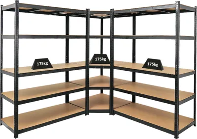 A corner shelving unit and two straight shelving units are shown against a white background.
