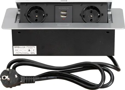 Produktbild von Brollux Einbausteckdose versenkbar 2fach mit USB Silber mit Softöffnung Aluminium Spritzguss mit 1,5m Anschlusskabel Steckdose