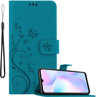 Obrázok produktu pre Cadorabo Case for Xiaomi RedMi 9A / RedMi 9AT in FLORAL BLUE Ochranný kryt v kvetinovom dizajne s magnetickým zatváraním, funkciou stojana a slotmi na karty Flipové puzdro Flower Cover Etui Handy Klapp Hülle Book Tasche