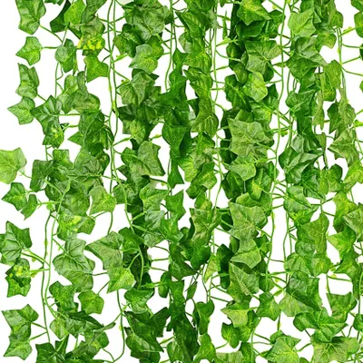 Image de Guirlande de lierre artificiel, 12 branches de lierre vertes fixées par des attaches en nylon, vrilles de lierre pour le jardin, les mariages, les fêtes et la décoration murale